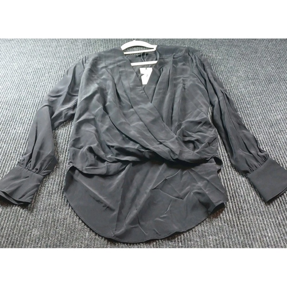 7 for All Mankind Cross Front Blouse V-Neck Top Black XS Silky Designer Ret $195
